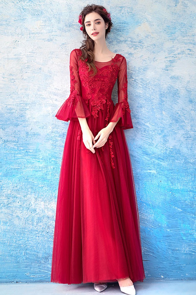 Elegant A Line Red Long Lace Beading Evening Dress With Flare Sleeves ...