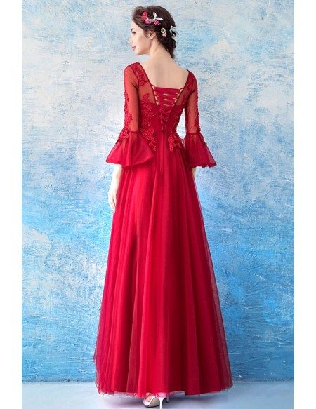 Elegant A Line Red Long Lace Beading Evening Dress With Flare Sleeves
