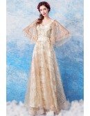 Glittering Gold Sequin V Neck Prom Formal Dress With Butterfly Sleeves