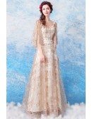 Glittering Gold Sequin V Neck Prom Formal Dress With Butterfly Sleeves