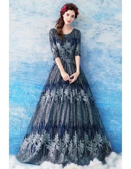 Exaggerated Sparkly Blue Sequin Formal Evening Dress With Sleeves