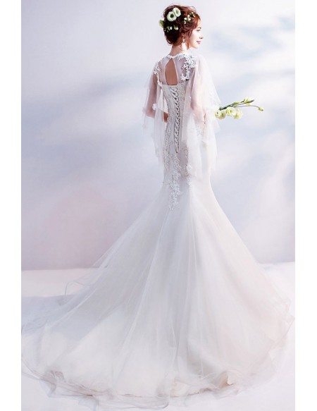 Wholesale Lace Beading Mermaid Wedding Dress With Fairy Tulle Sleeves