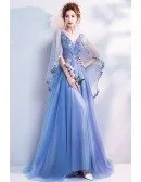 Romantic Floral Blue V Neck Prom Dress In Cape Style