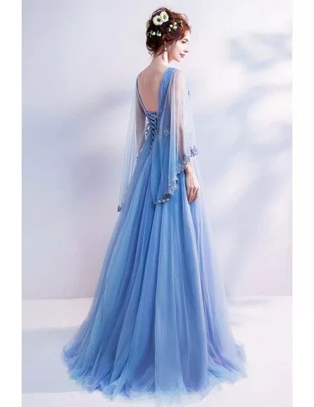Romantic Floral Blue V Neck Prom Dress In Cape Style