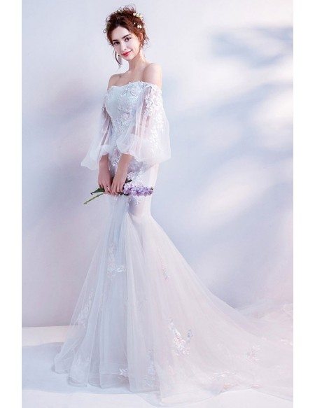 Stylish Mermaid Flower Wedding Dress With Off Shoulder Bell Sleeves
