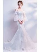 Stylish Mermaid Flower Wedding Dress With Off Shoulder Bell Sleeves