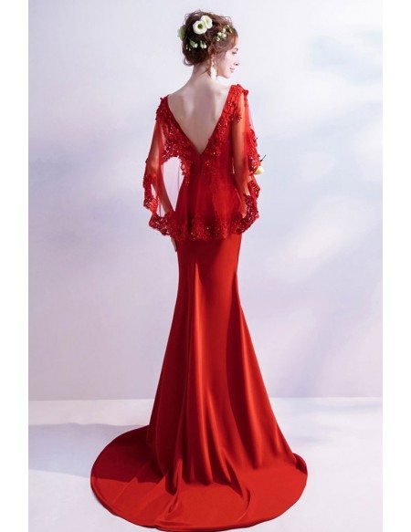 Sexy Tight Mermaid Red Wedding Party Dress With Butterfly Sleeves