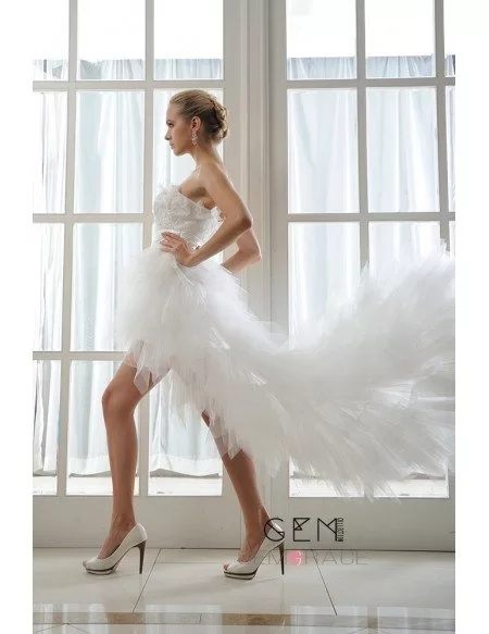 A-Line Strapless Asymmetrical Organza Wedding Dress With Beading Cascading Ruffles