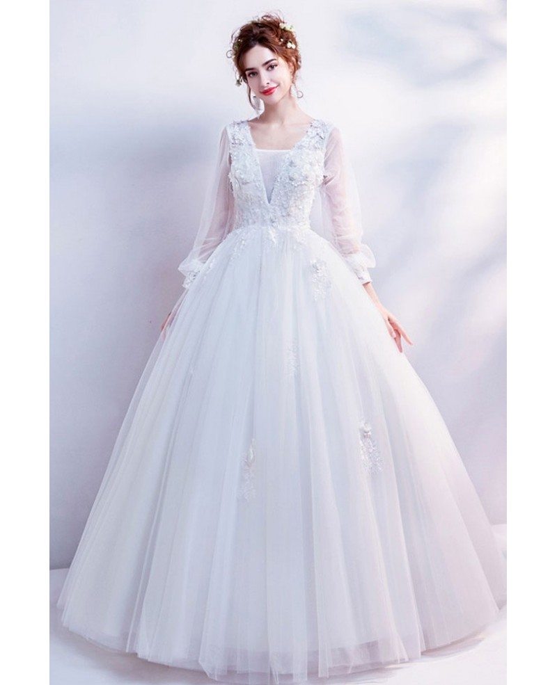 Cinderella Floral Ball Gown Wedding Dress With Long Trumpet Sleeves Wholesale T69340 GemGrace