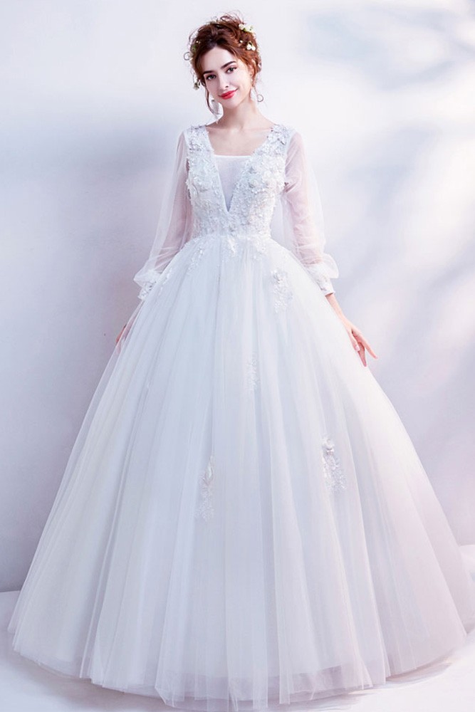 Cinderella Floral Ball Gown Wedding Dress With Long Trumpet Sleeves ...