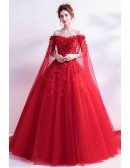 Off Shoulder Lace Flower Red Wedding Formal Dress With Long Sleeves Train
