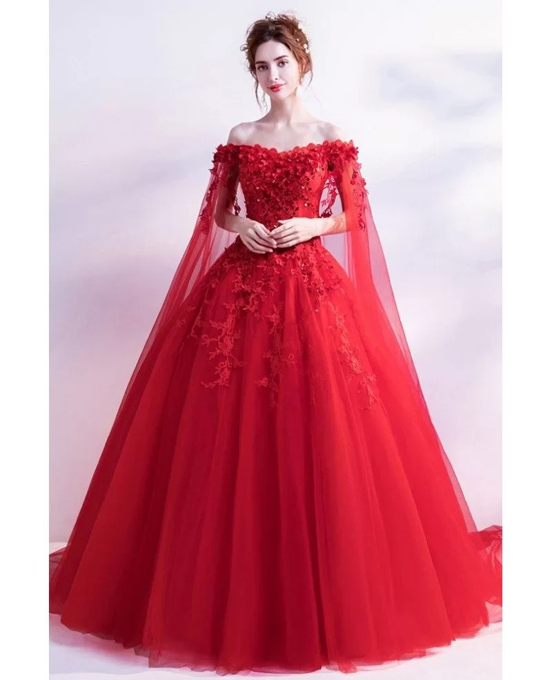 Off Shoulder Lace Flower Red Wedding Formal Dress With Long Sleeves Train Wholesale T69341