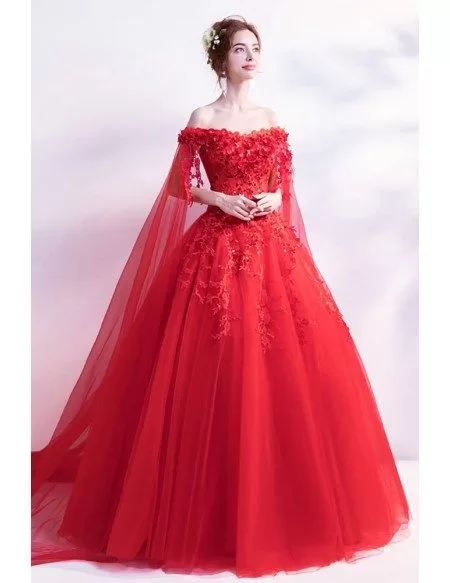 Off Shoulder Lace Flower Red Wedding Formal Dress With Long Sleeves Train