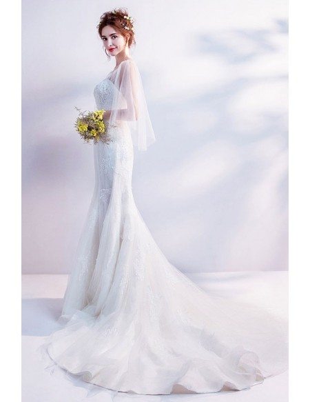 Fitted Mermaid Lace Beaded Wedding Dress Logn Train With Cape Sleeves