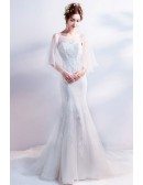 Fitted Mermaid Lace Beaded Wedding Dress Logn Train With Cape Sleeves