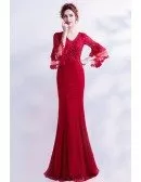 Slim Sweetheart Red Formal Lace Evening Dress With Flare Sleeves