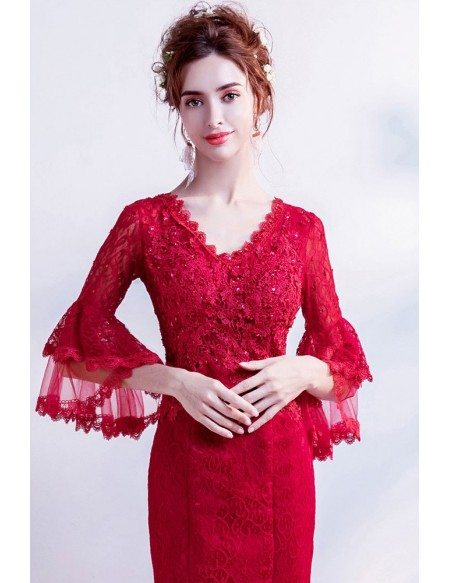 Slim Sweetheart Red Formal Lace Evening Dress With Flare Sleeves