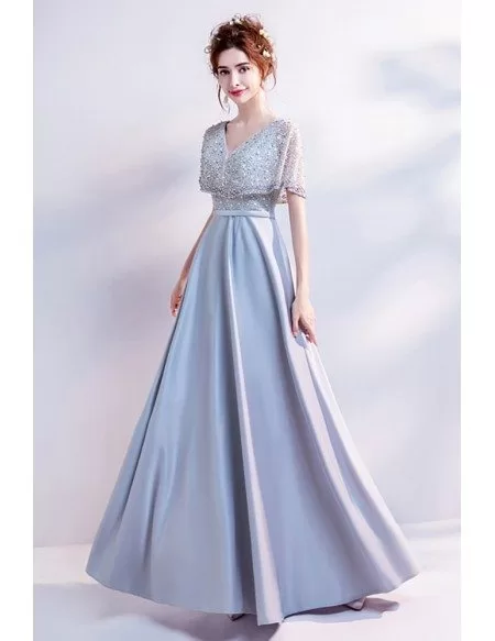 Simple Long Grey Satin Prom Dress With Beading Cape Sleeves