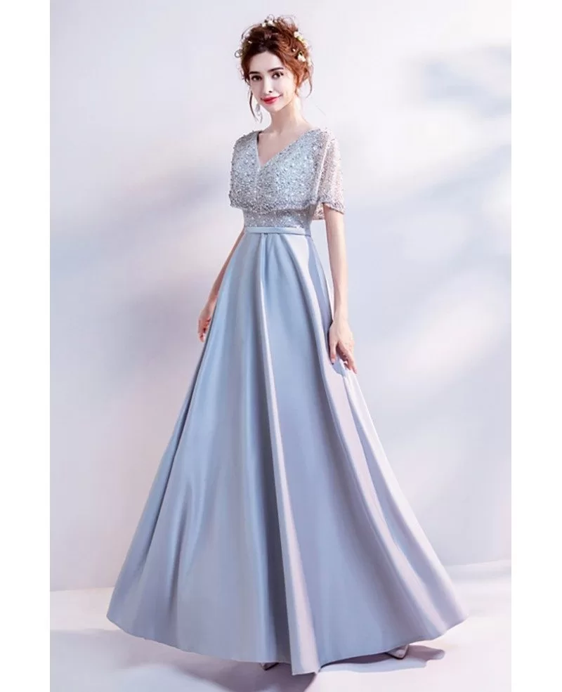Grey Prom Dresses With Sleeves A Line V Neck Backless Silver Grey Lace Long Prom Dress Silver 