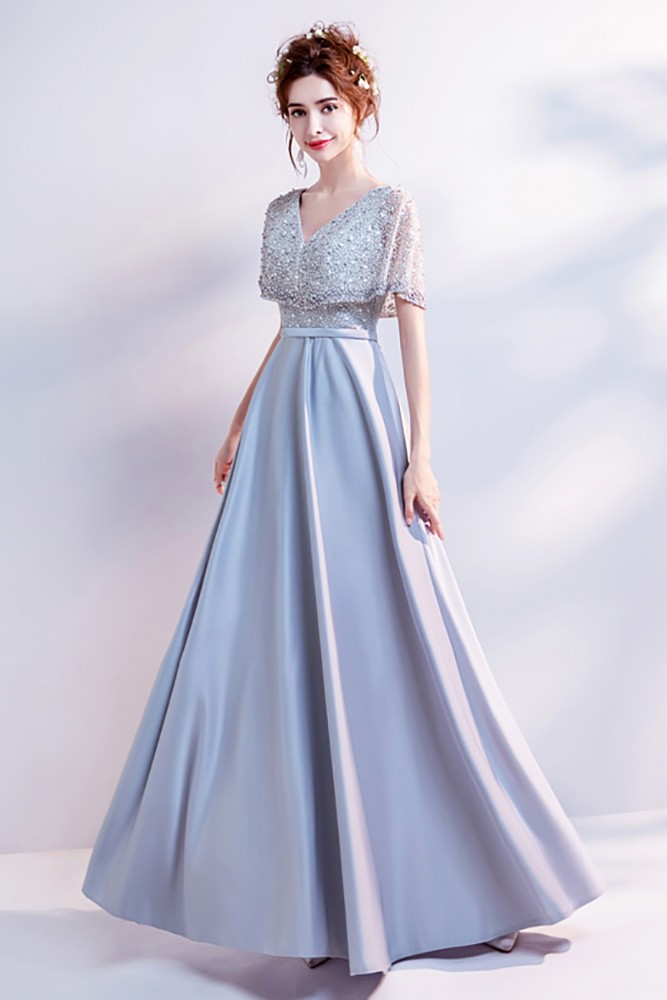 Simple Long Grey Satin Prom Dress With Beading Cape Sleeves Wholesale # ...