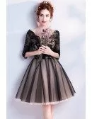 V Neck Black Lace Short Party Dress With 1/2 Sleeves