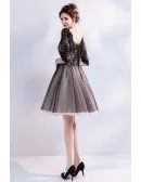 V Neck Black Lace Short Party Dress With 1/2 Sleeves