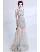 Fit And Flare Grey Sheath Lace Prom Dress With Tulle Skirt