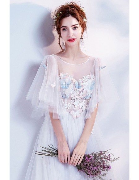 Elegant Long White Formal Prom Dress With Butterfly Sleeves