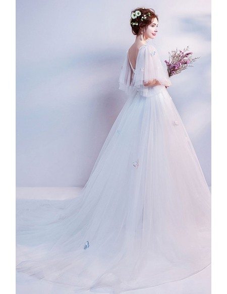 Elegant Long White Formal Prom Dress With Butterfly Sleeves