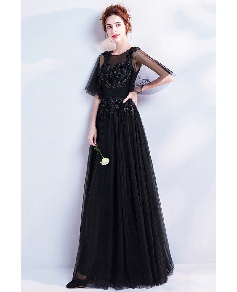 Classic Black Long Tulle Prom Dress With Flare Sleeves Wholesale # ...