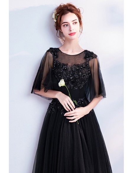 Classic Black Long Tulle Prom Dress With Flare Sleeves