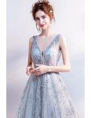 Sparkly Silver Sequin Ballroom Prom Dress With Deep V Neck