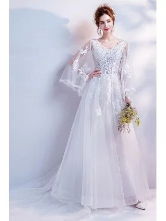 2019 Princess Long Train Lace Beach Wedding Dress With Cape Sleeves