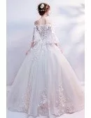 Off Shoulder Flare Sleeves Ballgown Wedding Dress With Applique Flowers