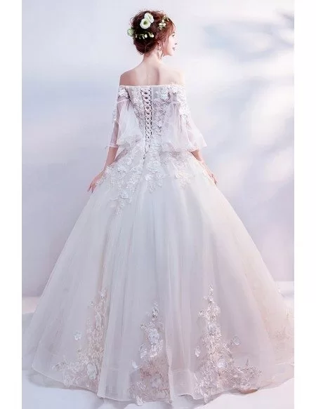 Off Shoulder Flare Sleeves Ballgown Wedding Dress With Applique Flowers