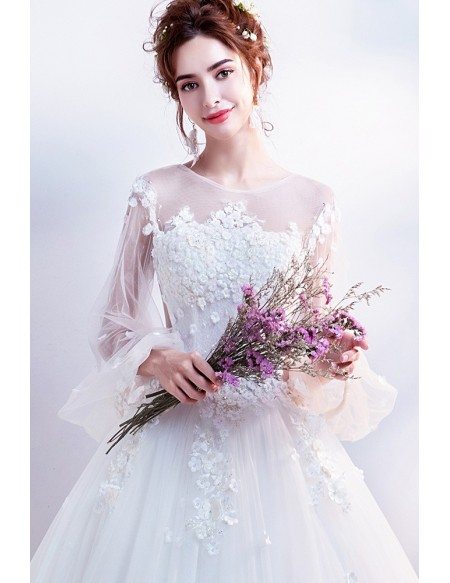 Bubble Sleeves Ballgown Tulle Wedding Dress With Flowers