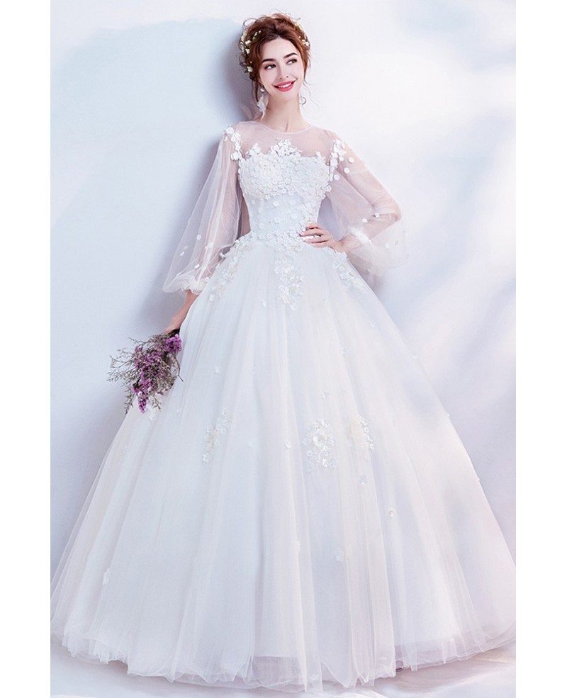 Bubble Sleeves Ballgown Tulle Wedding Dress With Flowers Wholesale # ...