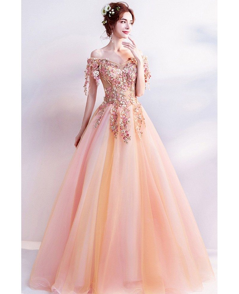 Beautiful Orange Long Formal Prom Dress With Off Shoulder Flower ...