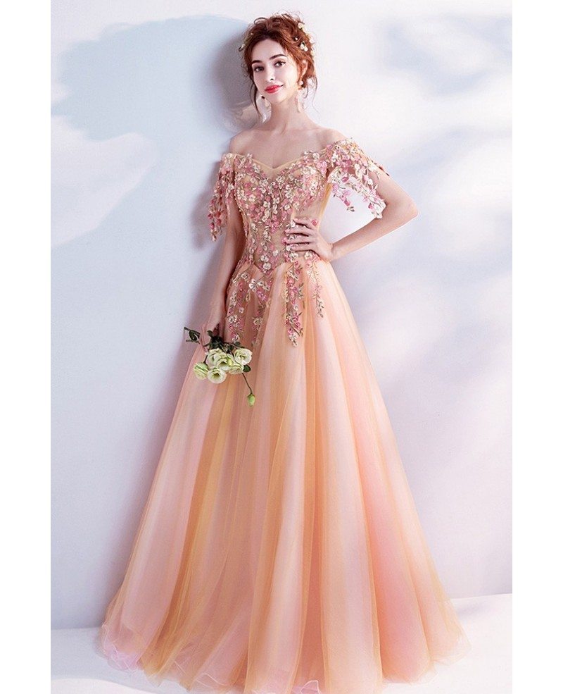 Beautiful Orange Long Formal Prom Dress With Off Shoulder Flower