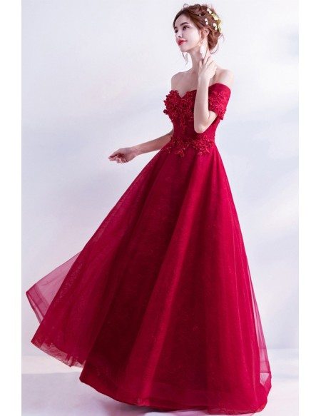 Off Shoulder Long Red Formal Dress With Lace Beading