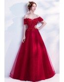 Off Shoulder Long Red Formal Dress With Lace Beading