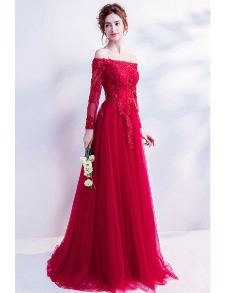 Elegant Long Red Lace Prom Dress With Off Shoulder Long Sleeves