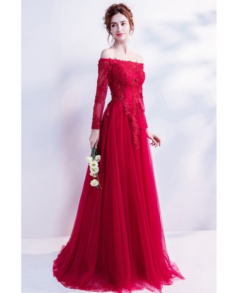 Elegant Long Red Lace Prom Dress With Off Shoulder Long Sleeves ...