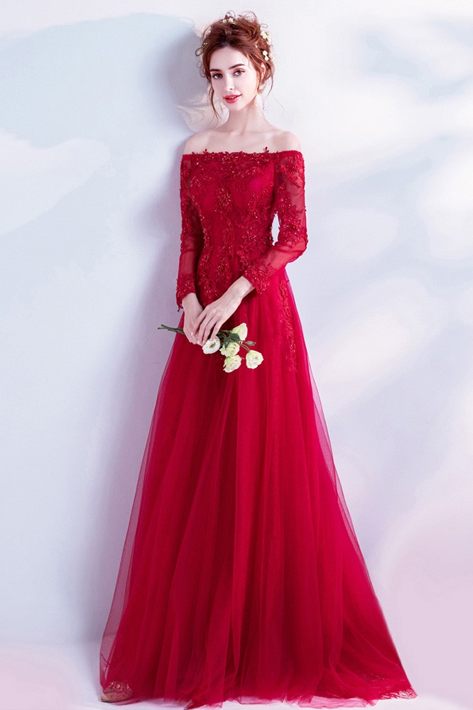 Elegant Long Red Lace Prom Dress With Off Shoulder Long Sleeves Wholesale T69356
