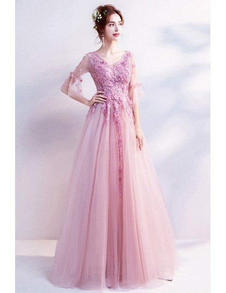 Cute Pink Applique Tulle Prom Dress With Flare Sleeves Wholesale # ...