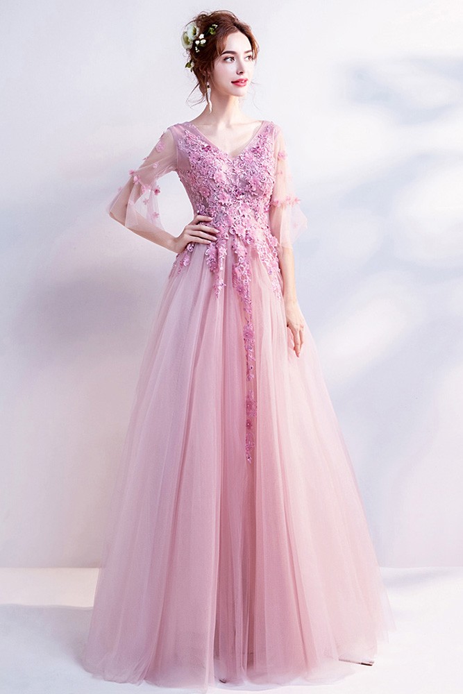 Cute Pink Applique Tulle Prom Dress With Flare Sleeves Wholesale # ...