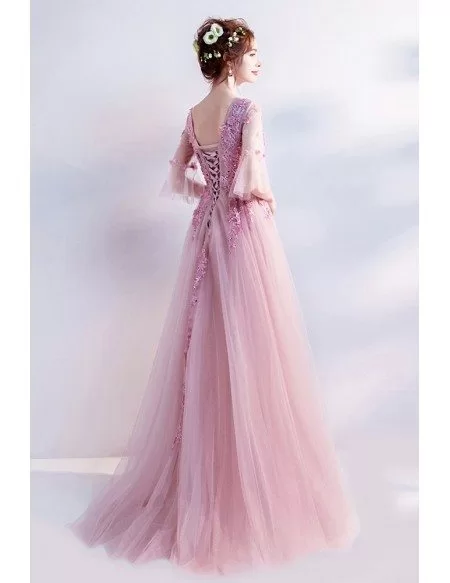 Cute Pink Applique Tulle Prom Dress With Flare Sleeves