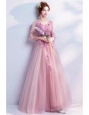 Cute Pink Applique Tulle Prom Dress With Flare Sleeves