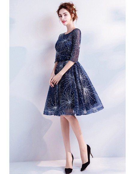 Shining Starry Naby Blue Short Party Dress With Sleeves