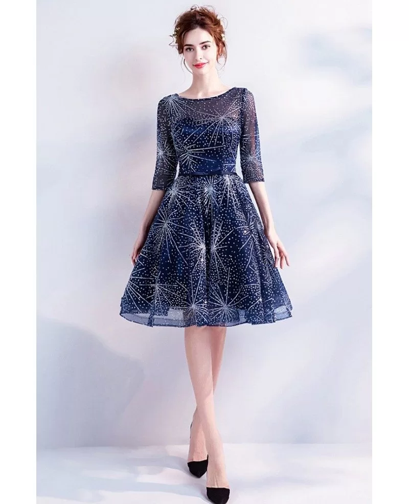 Shining Starry Naby Blue Short Party Dress With Sleeves Wholesale # ...